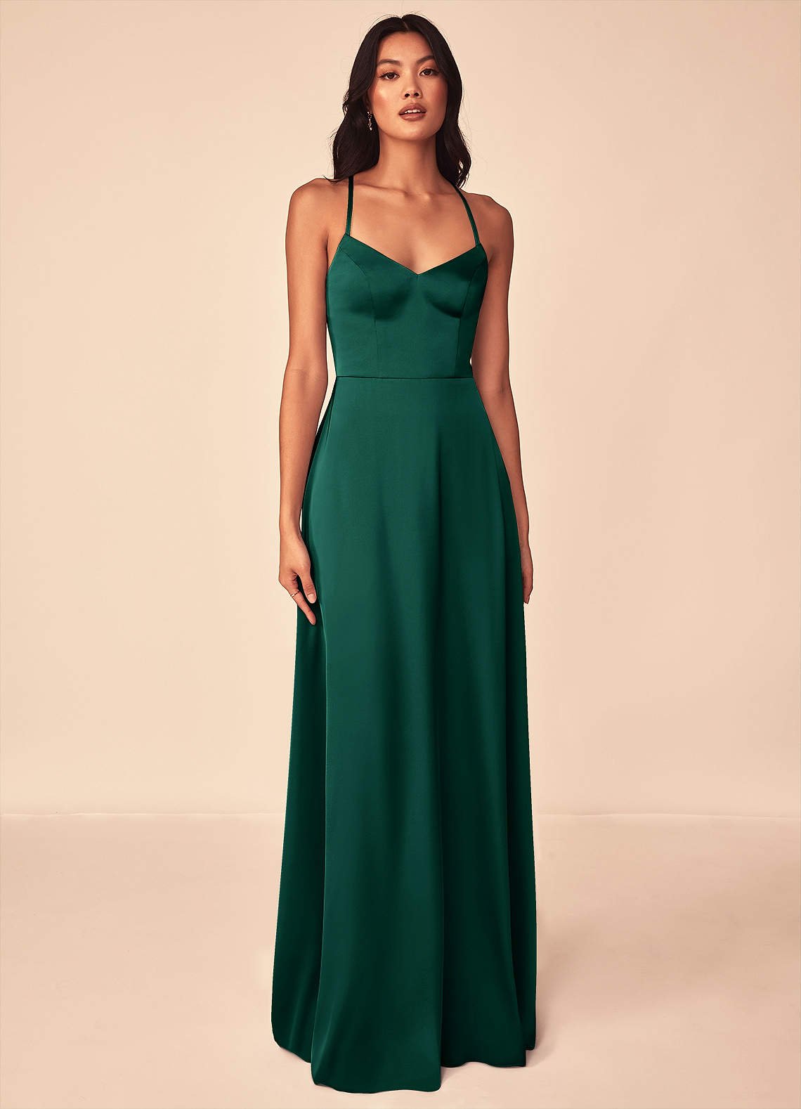 Mei A-Line V-Neck Stretch Satin Bridesmaid Dress in Emerald