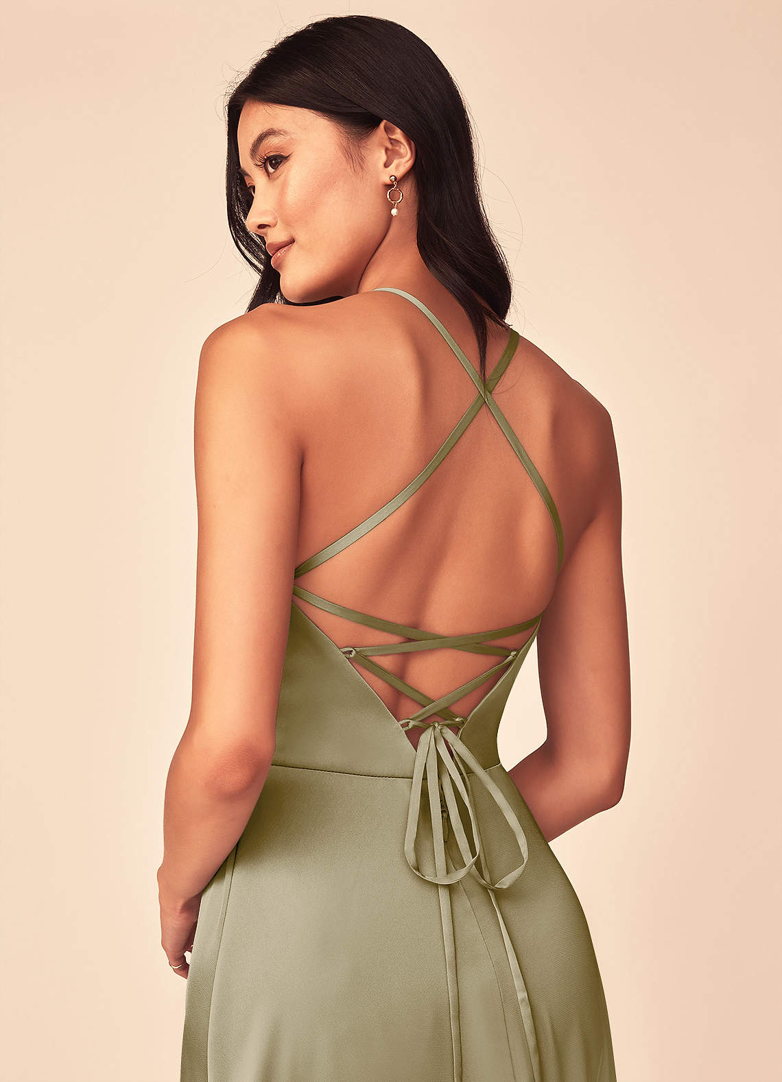 Mei A-Line V-Neck Stretch Satin Bridesmaid Dress in Moss Green