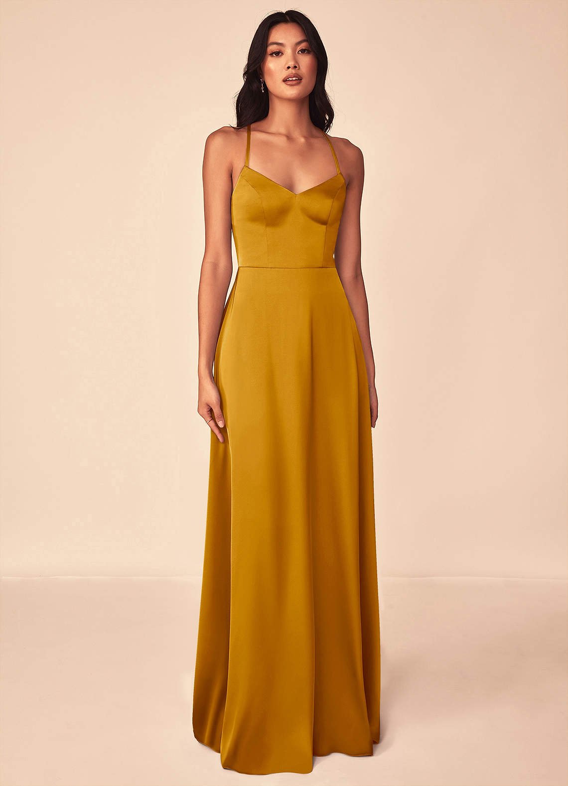 Mei A-Line V-Neck Stretch Satin Bridesmaid Dress in butterscotch