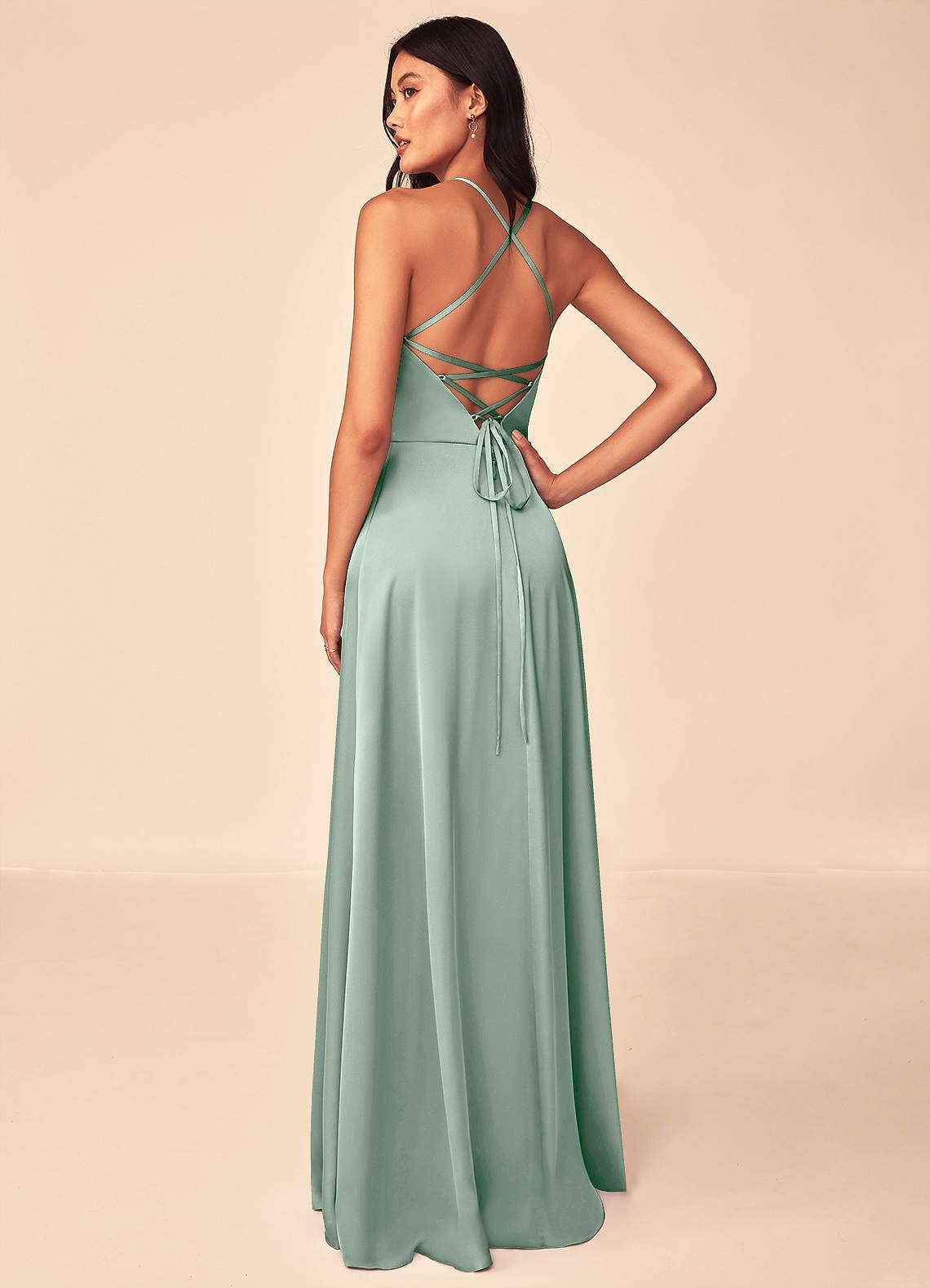Mei A-Line V-Neck Stretch Satin Bridesmaid Dress in Agave