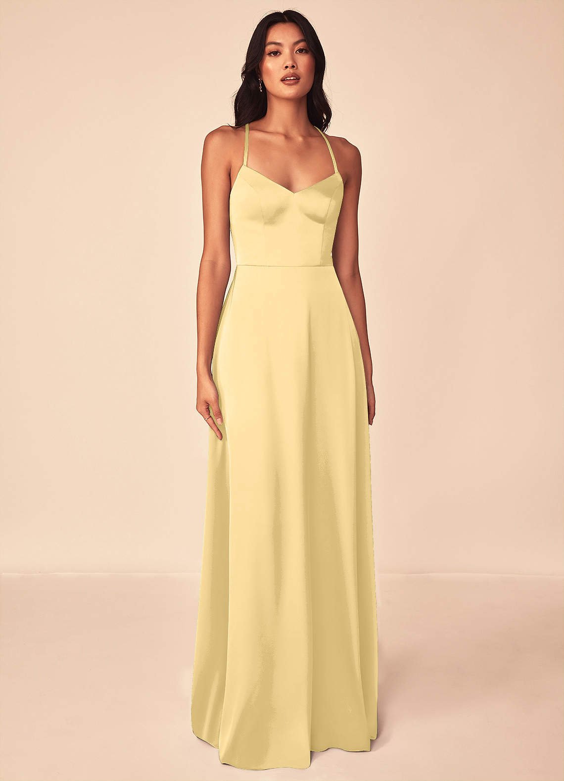 Mei A-Line V-Neck Stretch Satin Bridesmaid Dress in Butter