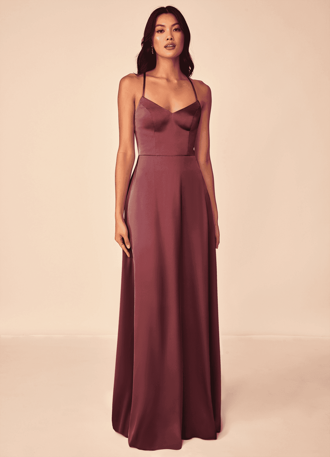 Mei A-Line V-Neck Stretch Satin Bridesmaid Dress in Merlot