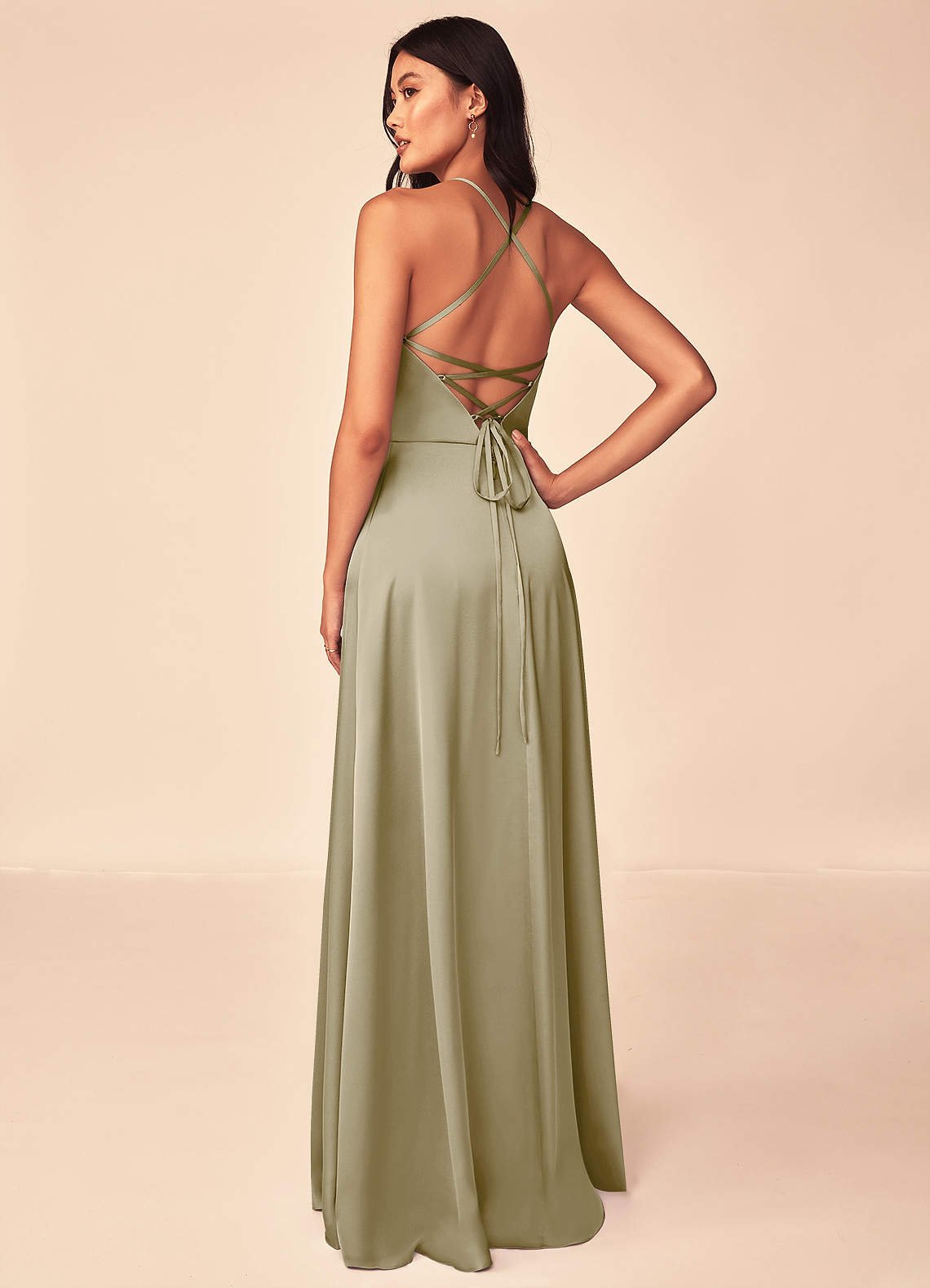 Mei A-Line V-Neck Stretch Satin Bridesmaid Dress in Moss Green
