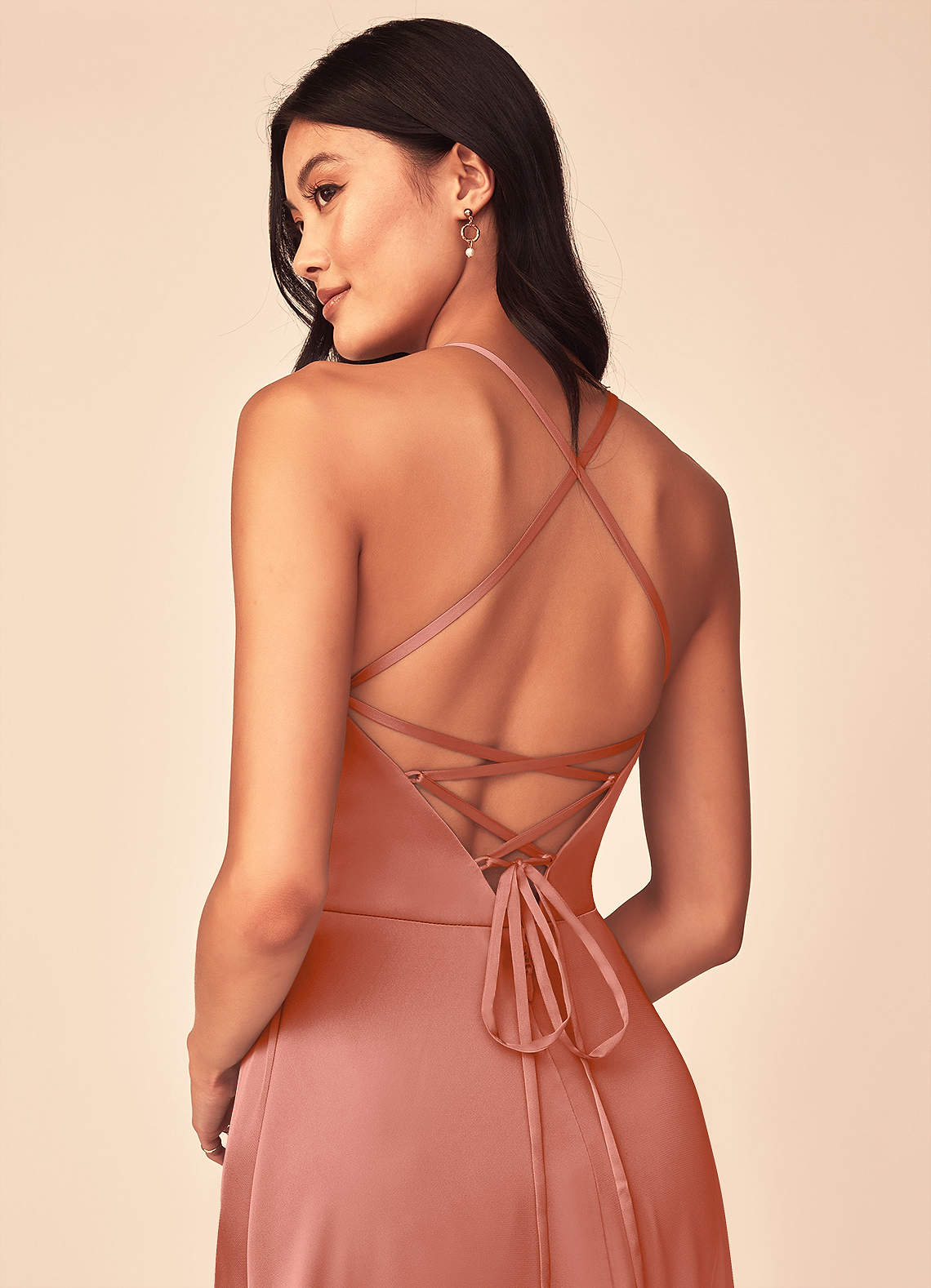 Mei A-Line V-Neck Stretch Satin Bridesmaid Dress in Salmon Pink