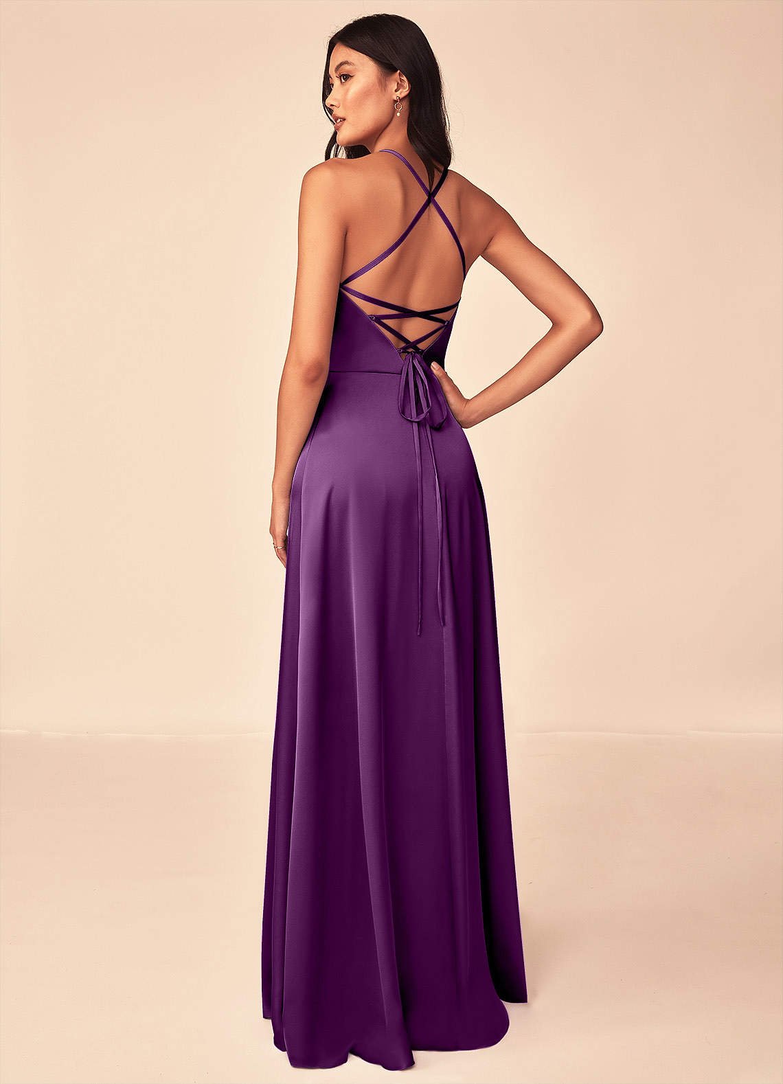 Mei A-Line V-Neck Stretch Satin Bridesmaid Dress in Grape
