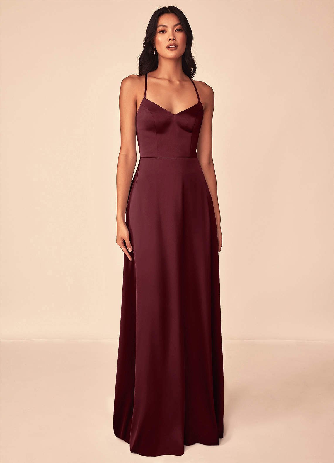 Mei A-Line V-Neck Stretch Satin Bridesmaid Dress in Cabernet