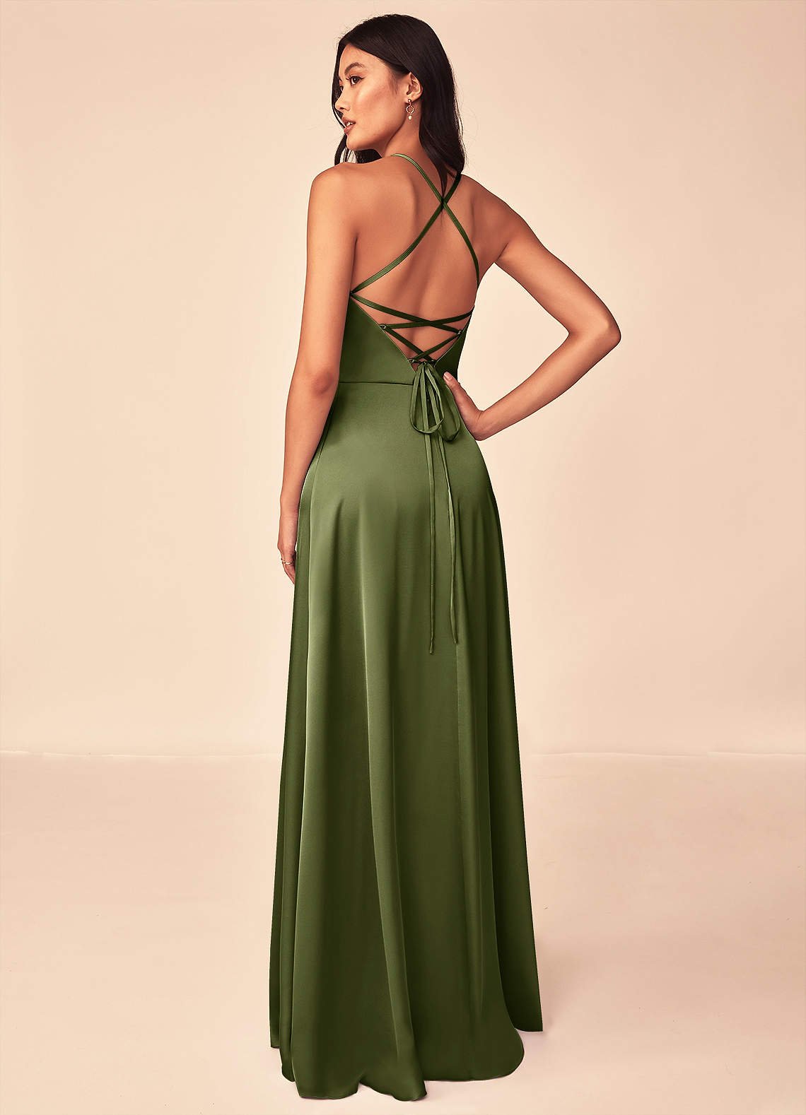 Mei A-Line V-Neck Stretch Satin Bridesmaid Dress in Olive
