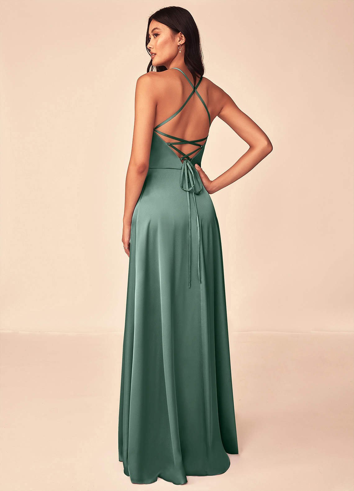 Mei A-Line V-Neck Stretch Satin Bridesmaid Dress in Eucalyptus