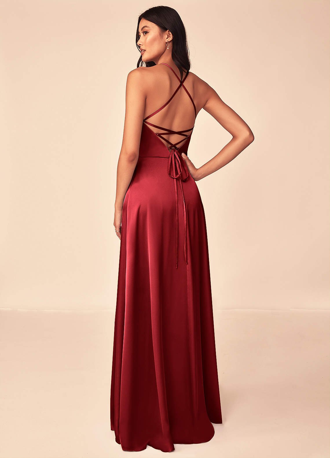 Mei A-Line V-Neck Stretch Satin Bridesmaid Dress in Scarlet
