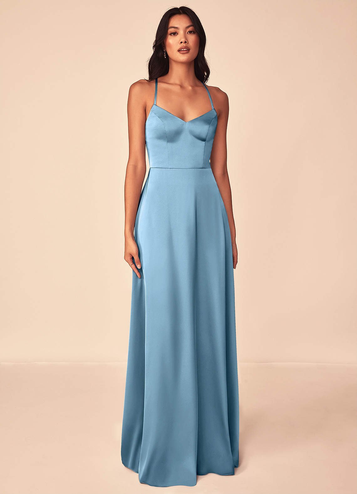 Mei A-Line V-Neck Stretch Satin Bridesmaid Dress in Steel Blue