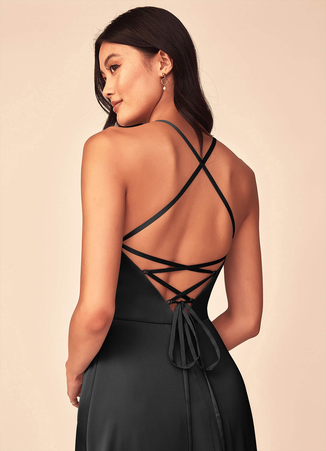 Mei A-Line V-Neck Stretch Satin Bridesmaid Dress in black