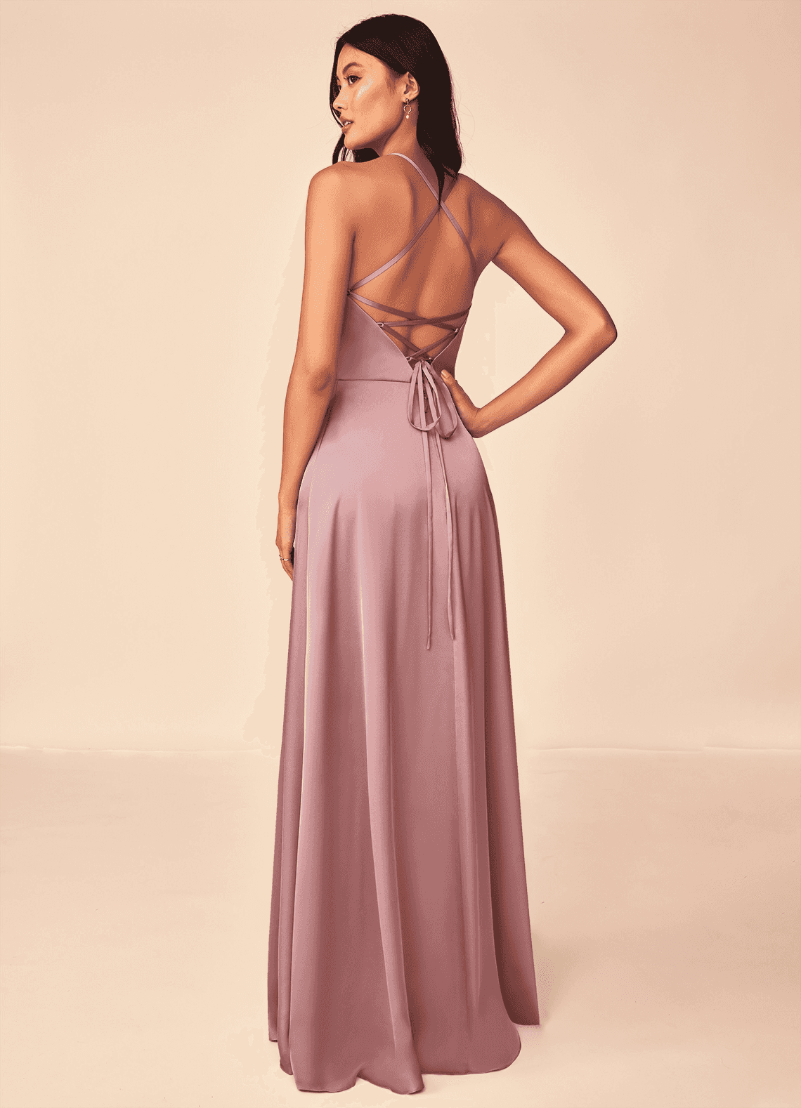 Mei A-Line V-Neck Stretch Satin Bridesmaid Dress in dusty rose
