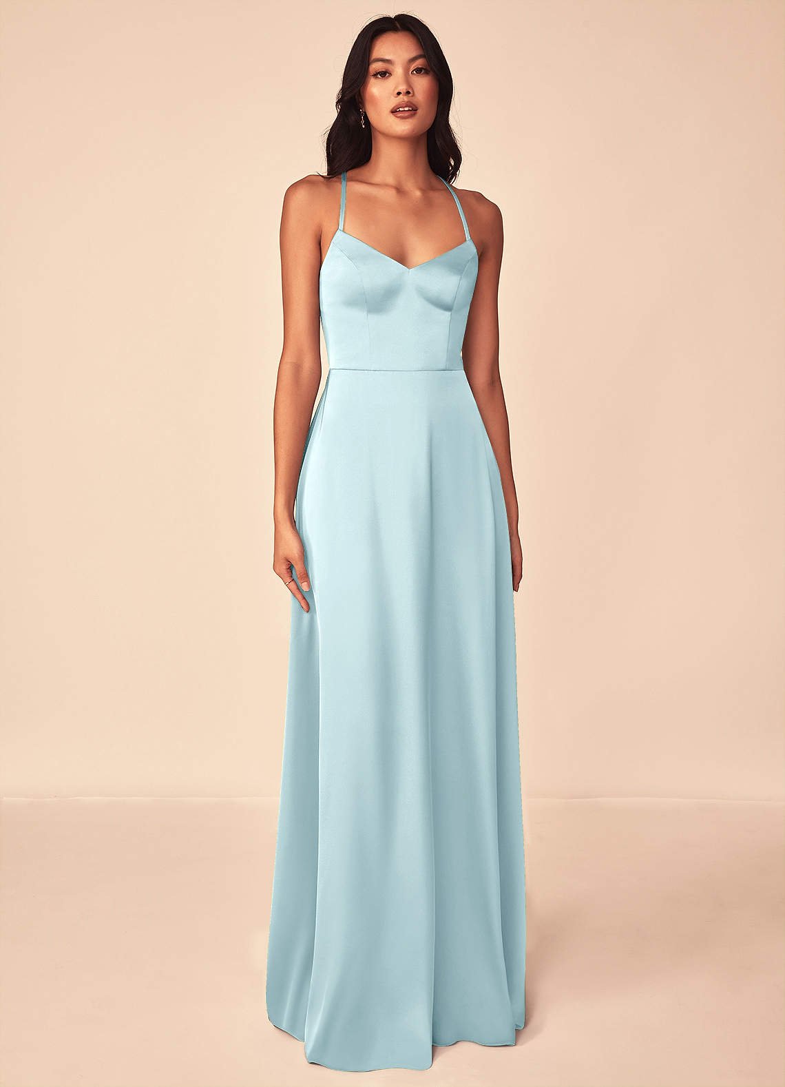 Mei A-Line V-Neck Stretch Satin Bridesmaid Dress in Cloud Blue