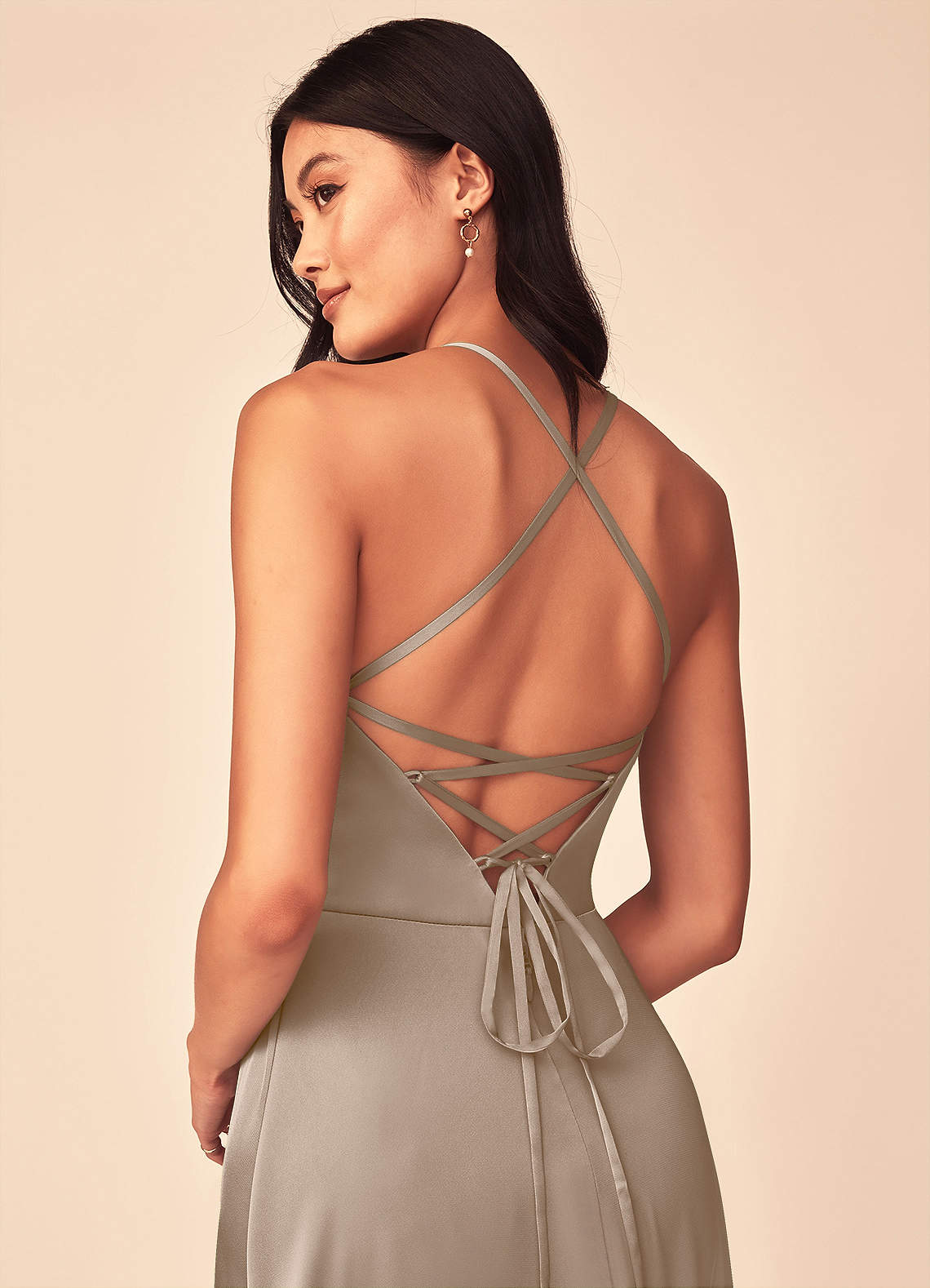 Mei A-Line V-Neck Stretch Satin Bridesmaid Dress in Taupe