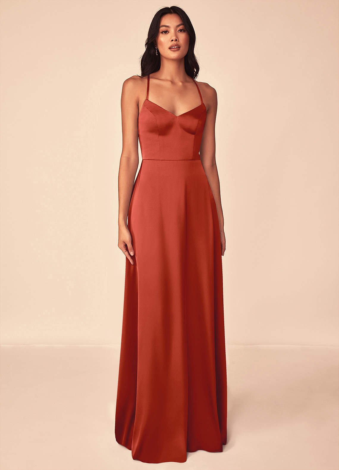 Mei A-Line V-Neck Stretch Satin Bridesmaid Dress in Rust