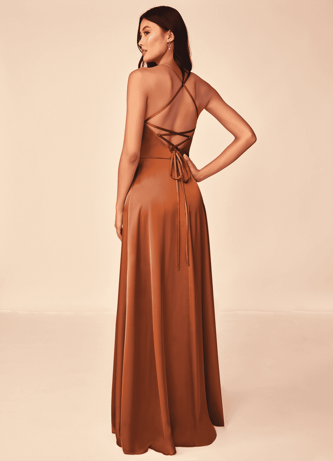 Mei A-Line V-Neck Stretch Satin Bridesmaid Dress in Cinnamon