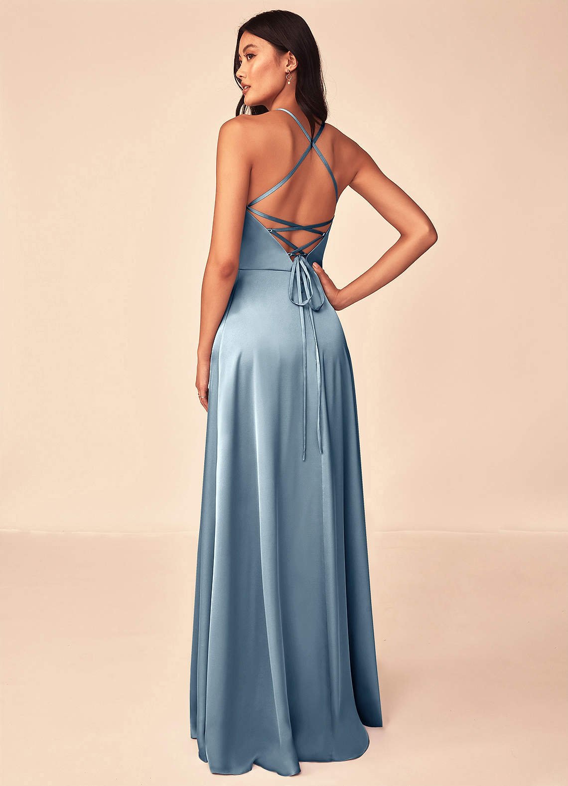 Mei A-Line V-Neck Stretch Satin Bridesmaid Dress in dusty blue
