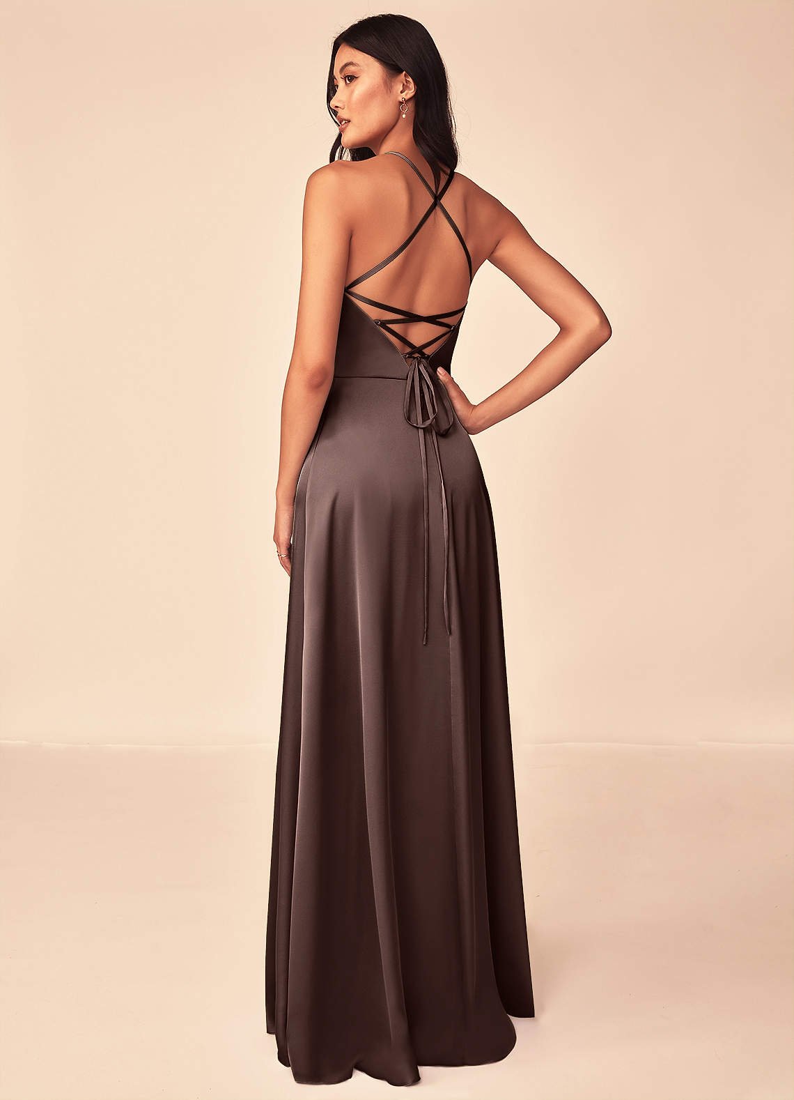 Mei A-Line V-Neck Stretch Satin Bridesmaid Dress in Ganache
