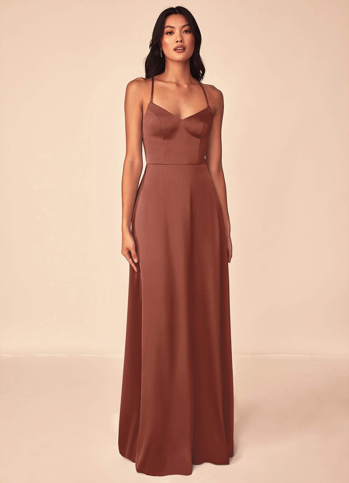 Mei A-Line V-Neck Stretch Satin Bridesmaid Dress in Auburn