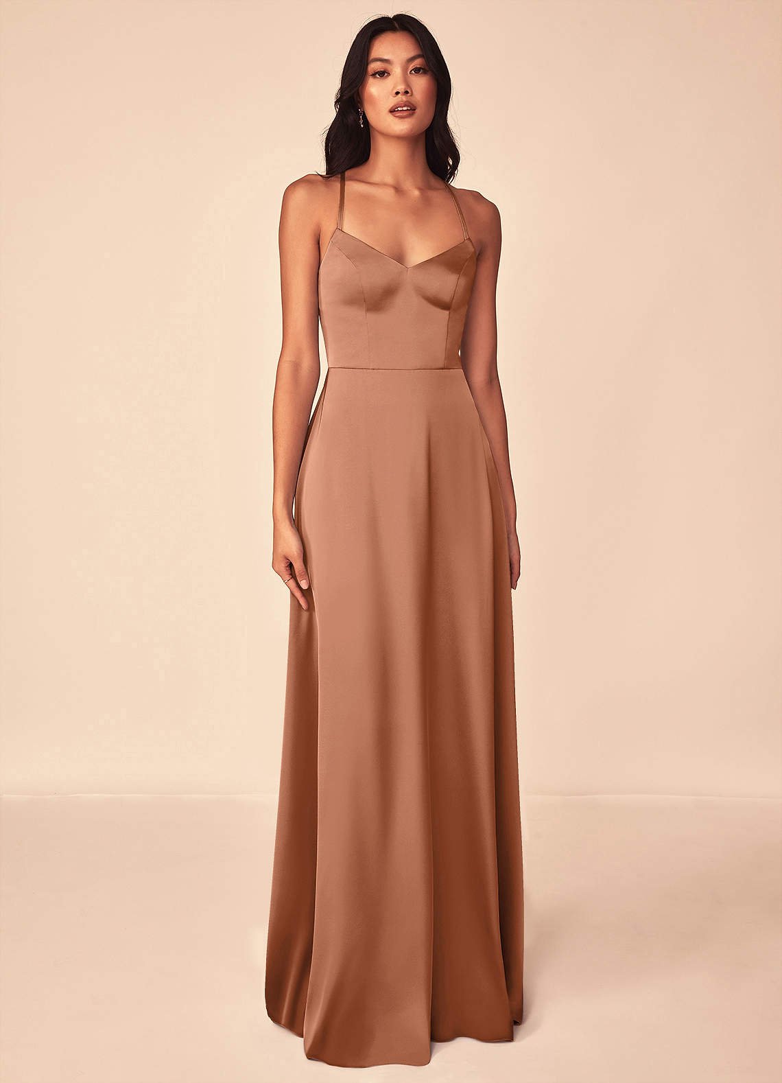 Mei A-Line V-Neck Stretch Satin Bridesmaid Dress in Bronzer
