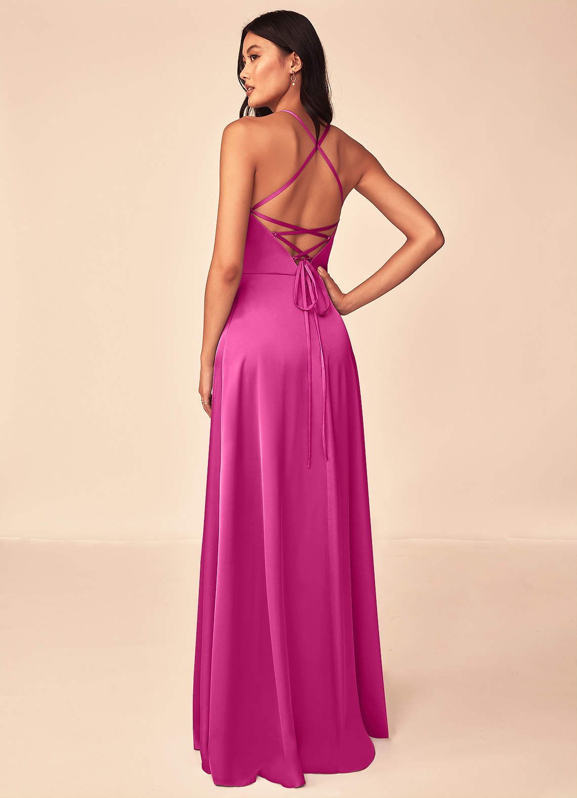 Mei A-Line V-Neck Stretch Satin Bridesmaid Dress in Fuchsia