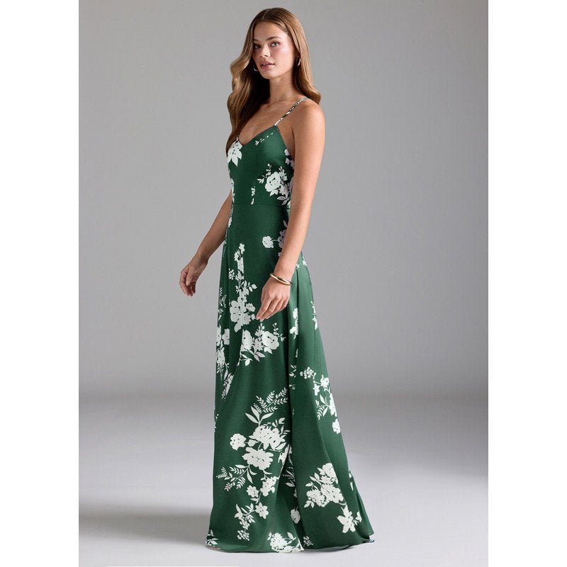 Mei A-Line V-Neck Stretch Satin Bridesmaid Dress in Green Botanicals - official gallery view 5