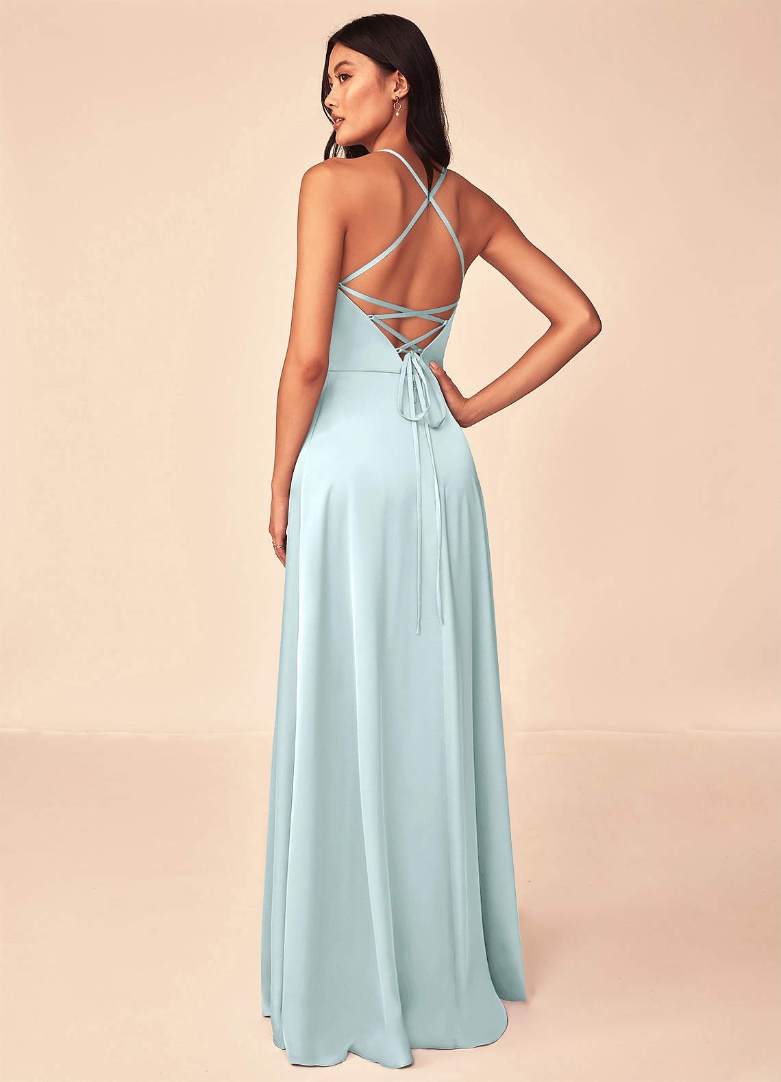 Mei A-Line V-Neck Stretch Satin Bridesmaid Dress in Sea Glass