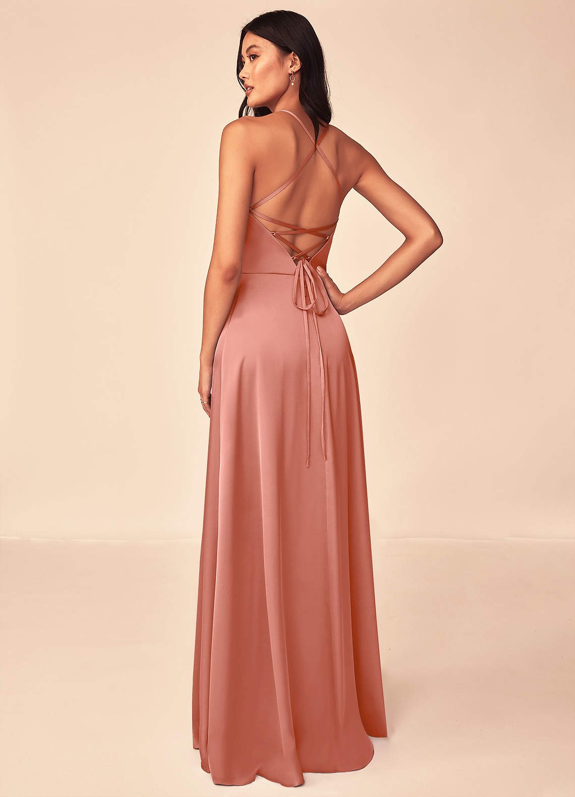 Mei A-Line V-Neck Stretch Satin Bridesmaid Dress in Salmon Pink