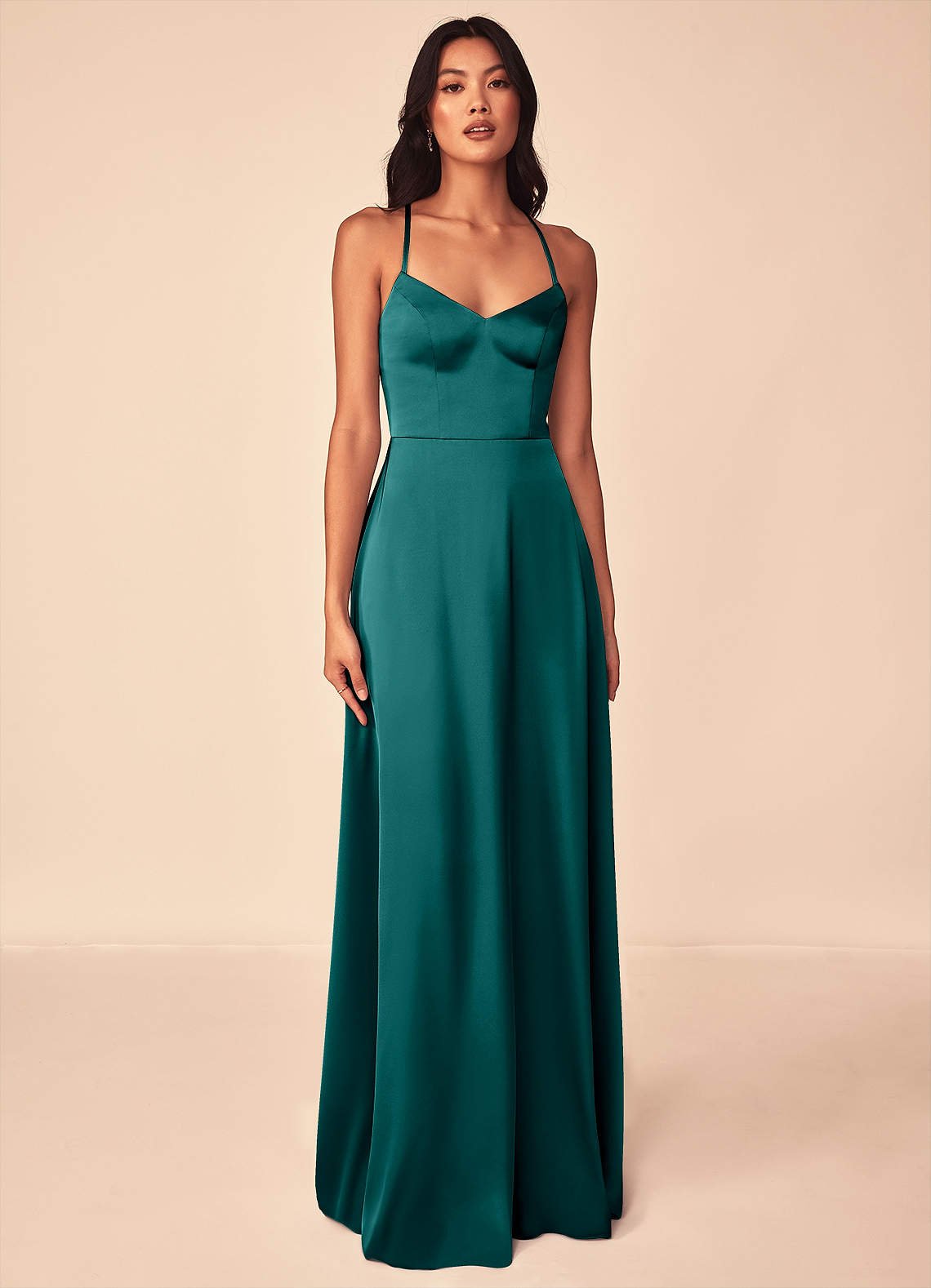 Mei A-Line V-Neck Stretch Satin Bridesmaid Dress in Peacock