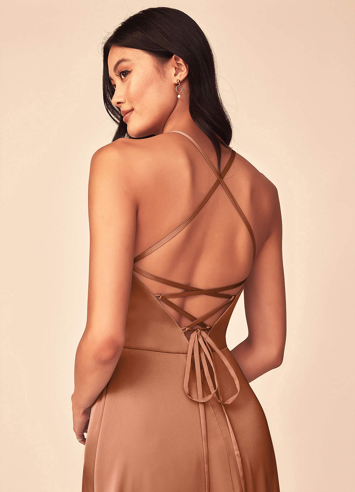 Mei A-Line V-Neck Stretch Satin Bridesmaid Dress in Bronzer