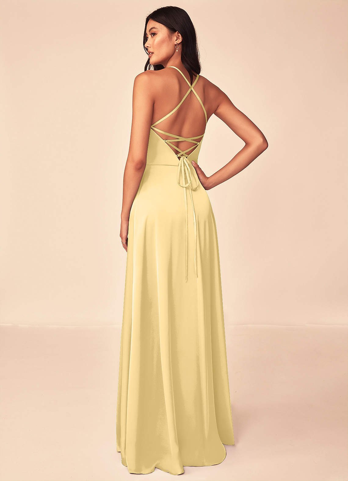Mei A-Line V-Neck Stretch Satin Bridesmaid Dress in Butter