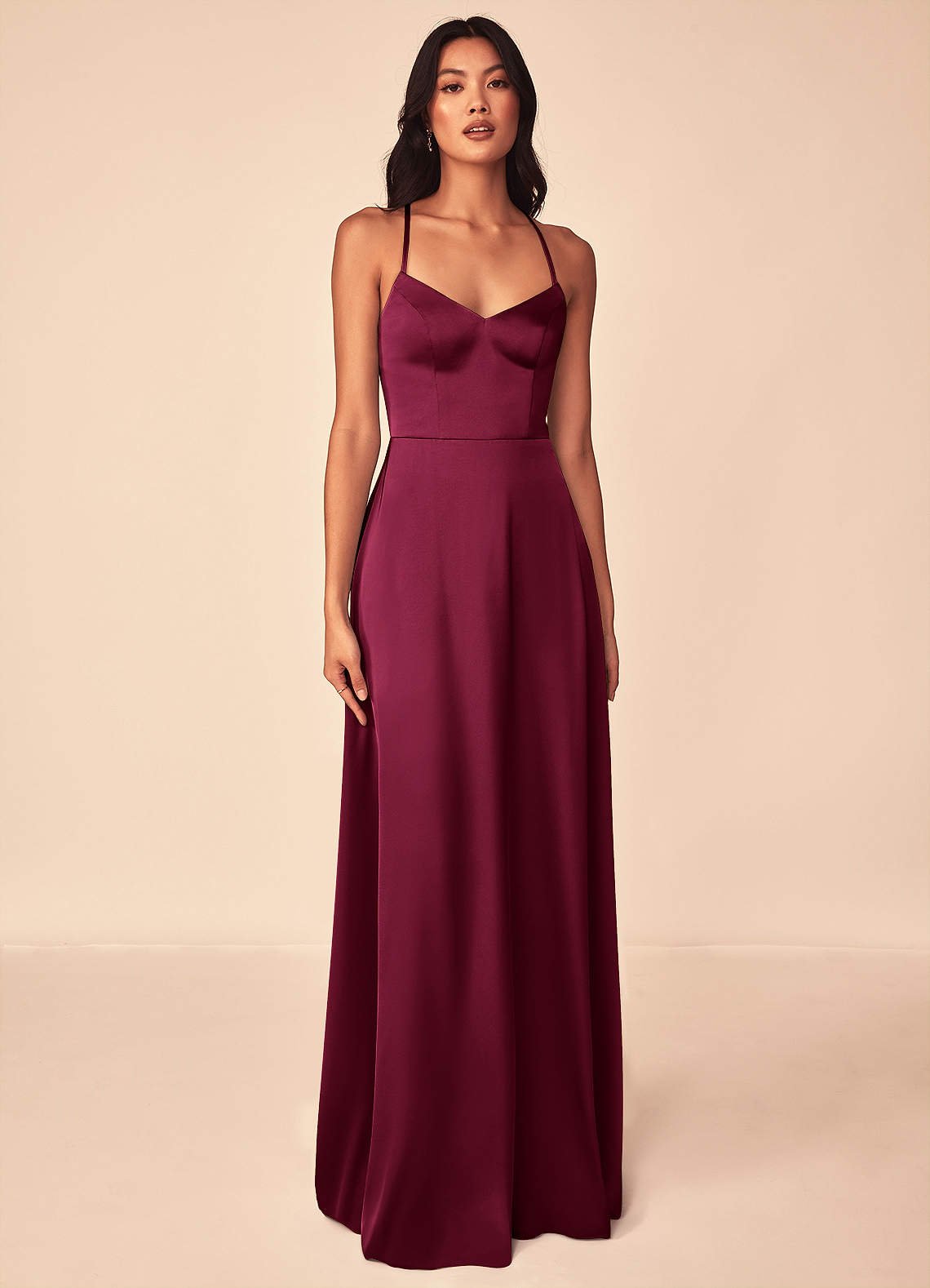 Mei A-Line V-Neck Stretch Satin Bridesmaid Dress in Burgundy