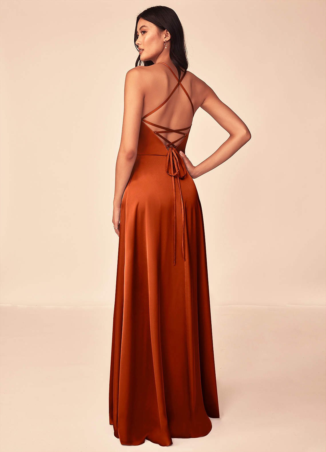 Mei A-Line V-Neck Stretch Satin Bridesmaid Dress in Paprika