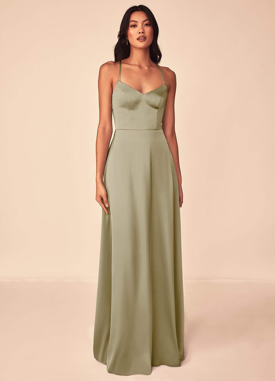 Mei A-Line V-Neck Stretch Satin Bridesmaid Dress in Moss Green