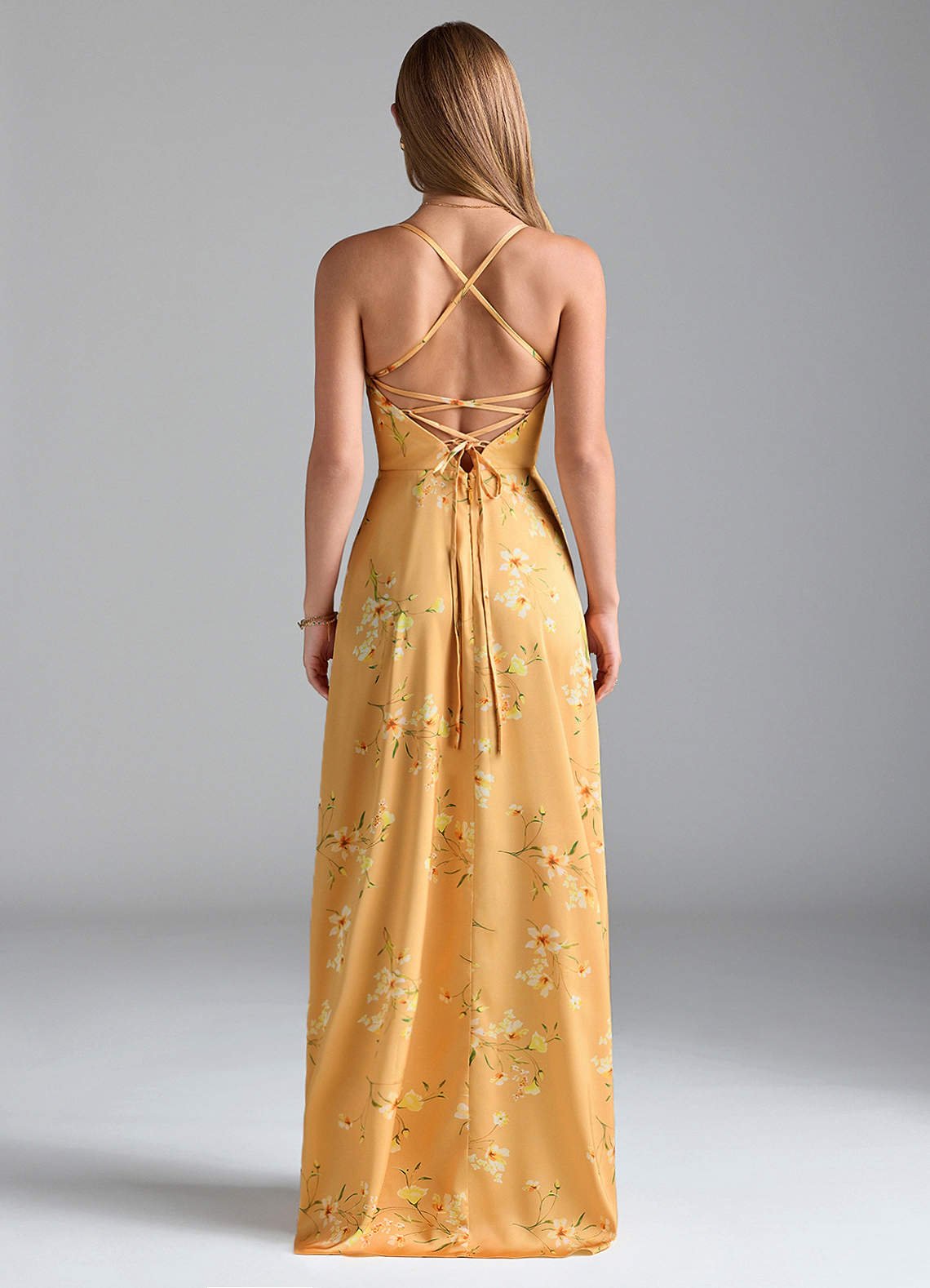 Mei A-Line V-Neck Stretch Satin Bridesmaid Dress in Golden Blooms