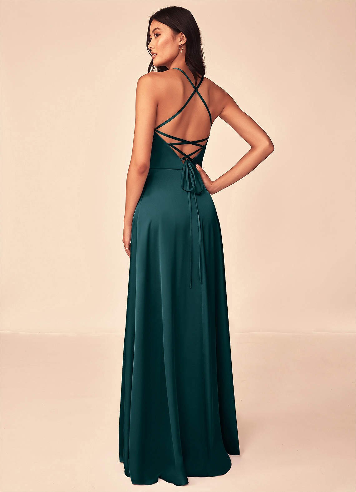 Mei A-Line V-Neck Stretch Satin Bridesmaid Dress in Pine