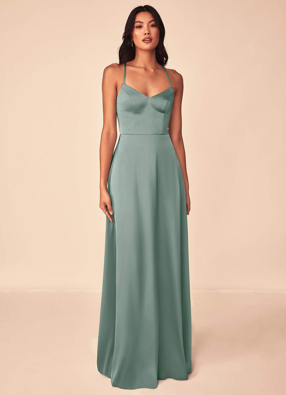 Mei A-Line V-Neck Stretch Satin Bridesmaid Dress in Silver Sage