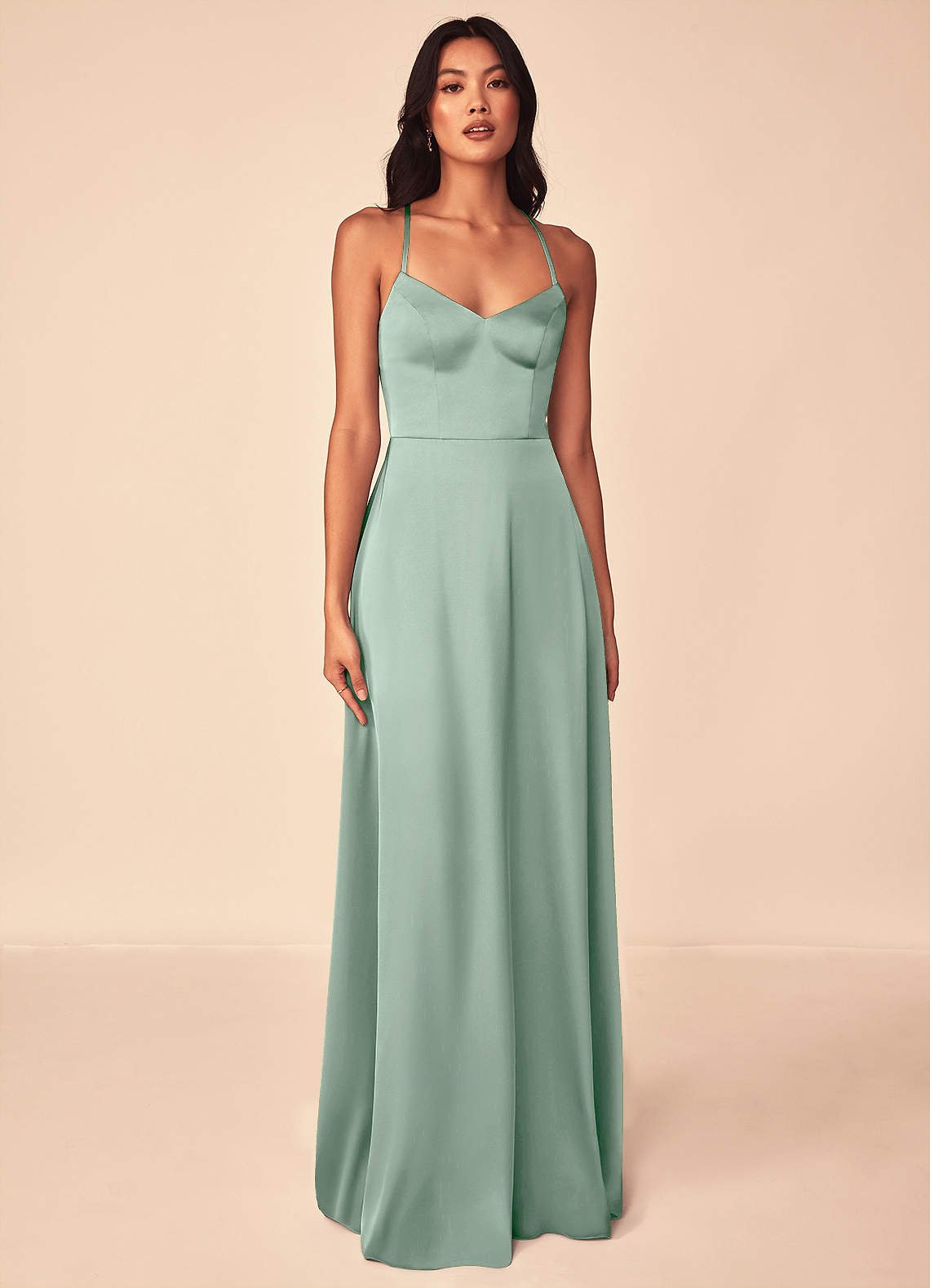 Mei A-Line V-Neck Stretch Satin Bridesmaid Dress in Agave