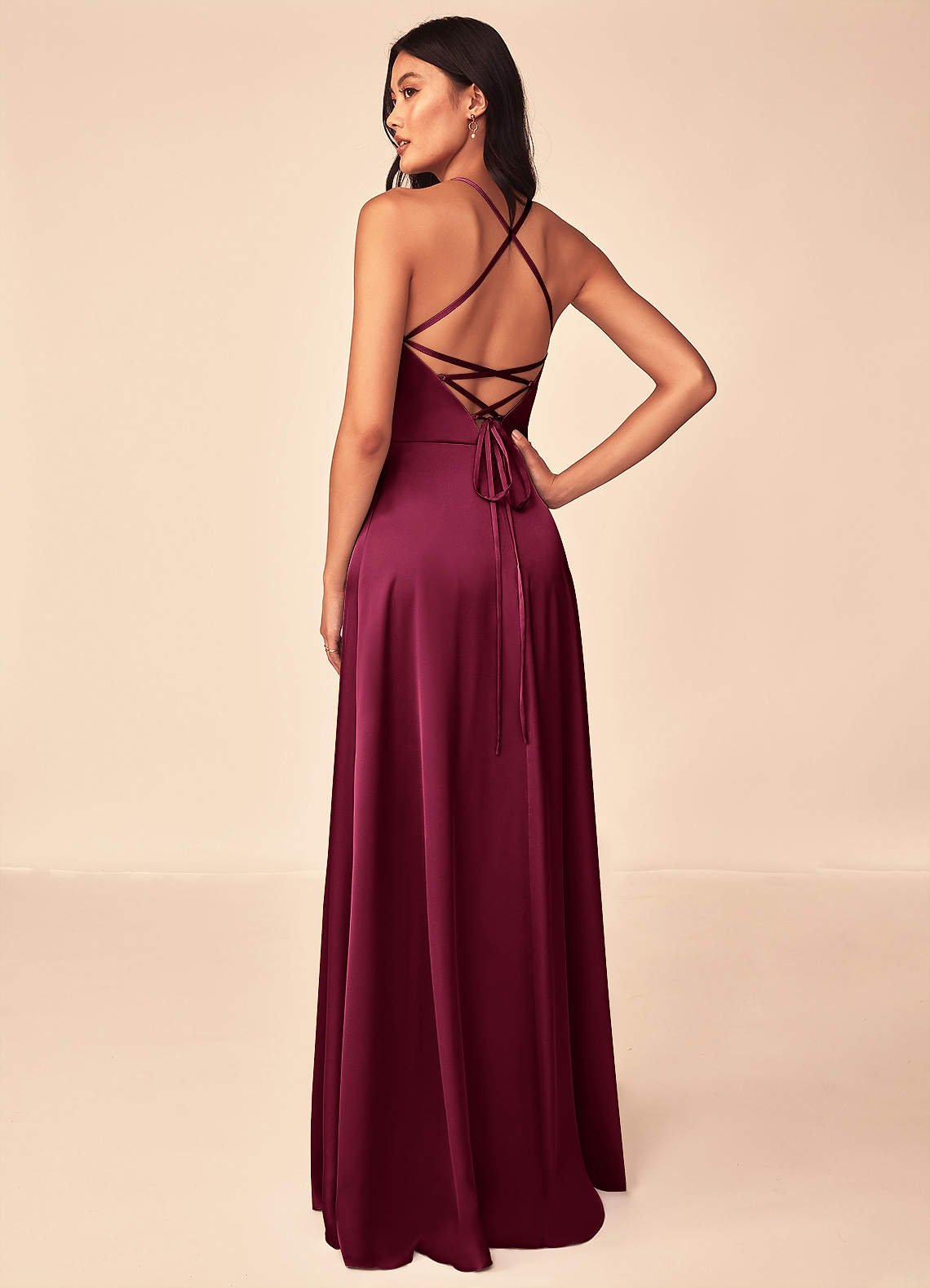 Mei A-Line V-Neck Stretch Satin Bridesmaid Dress in Burgundy