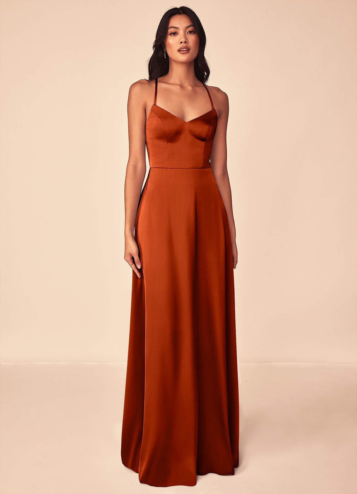 Mei A-Line V-Neck Stretch Satin Bridesmaid Dress in Paprika