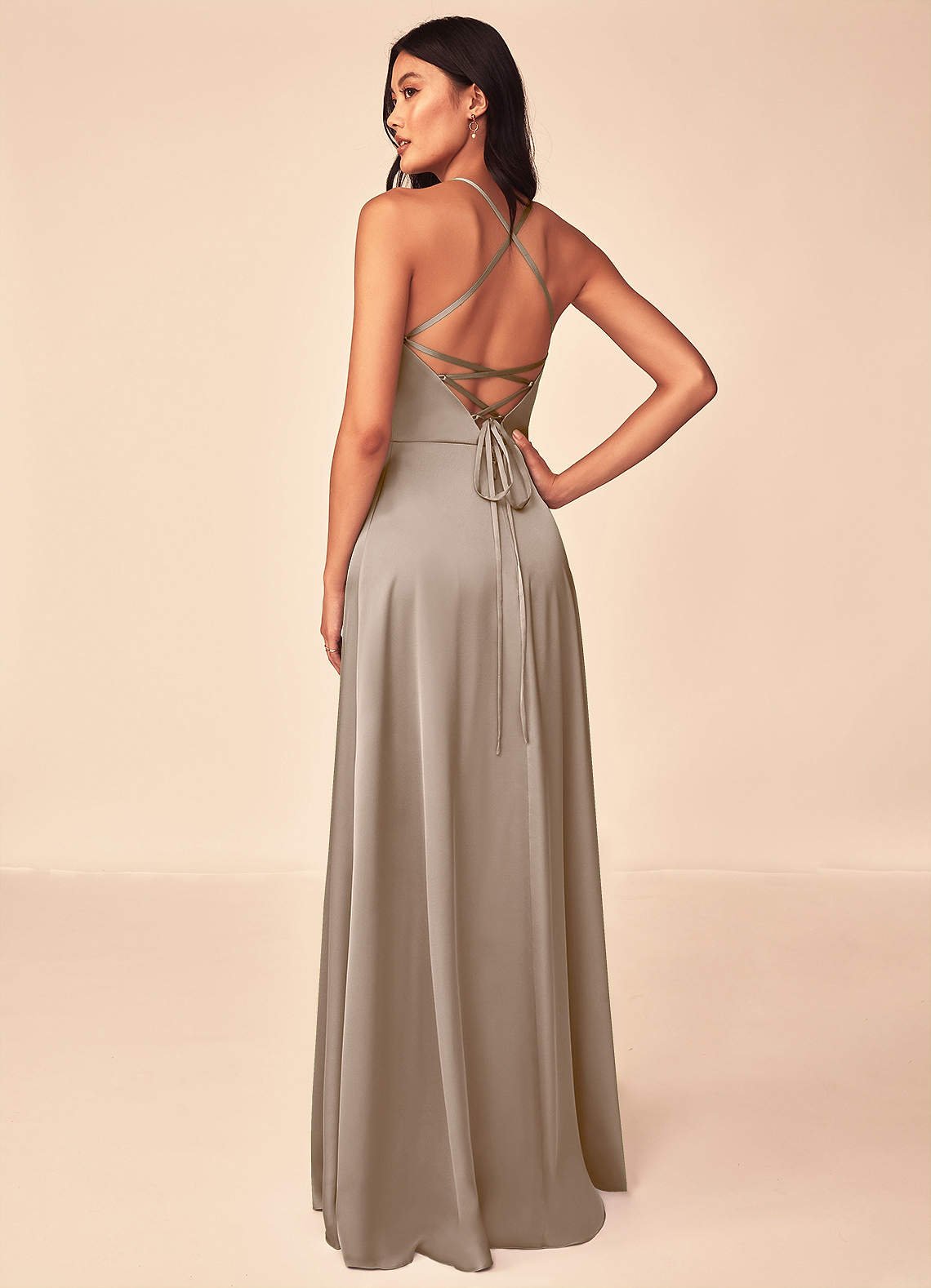 Mei A-Line V-Neck Stretch Satin Bridesmaid Dress in Taupe