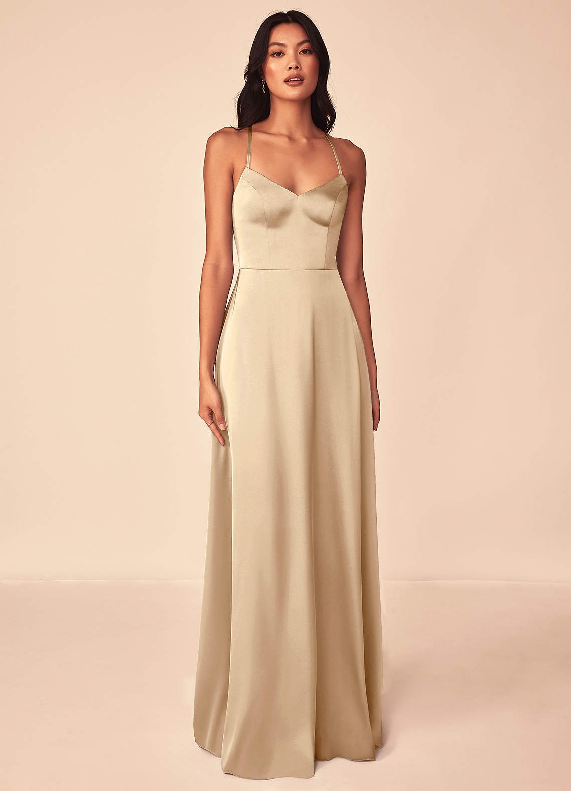 Mei A-Line V-Neck Stretch Satin Bridesmaid Dress in Champagne