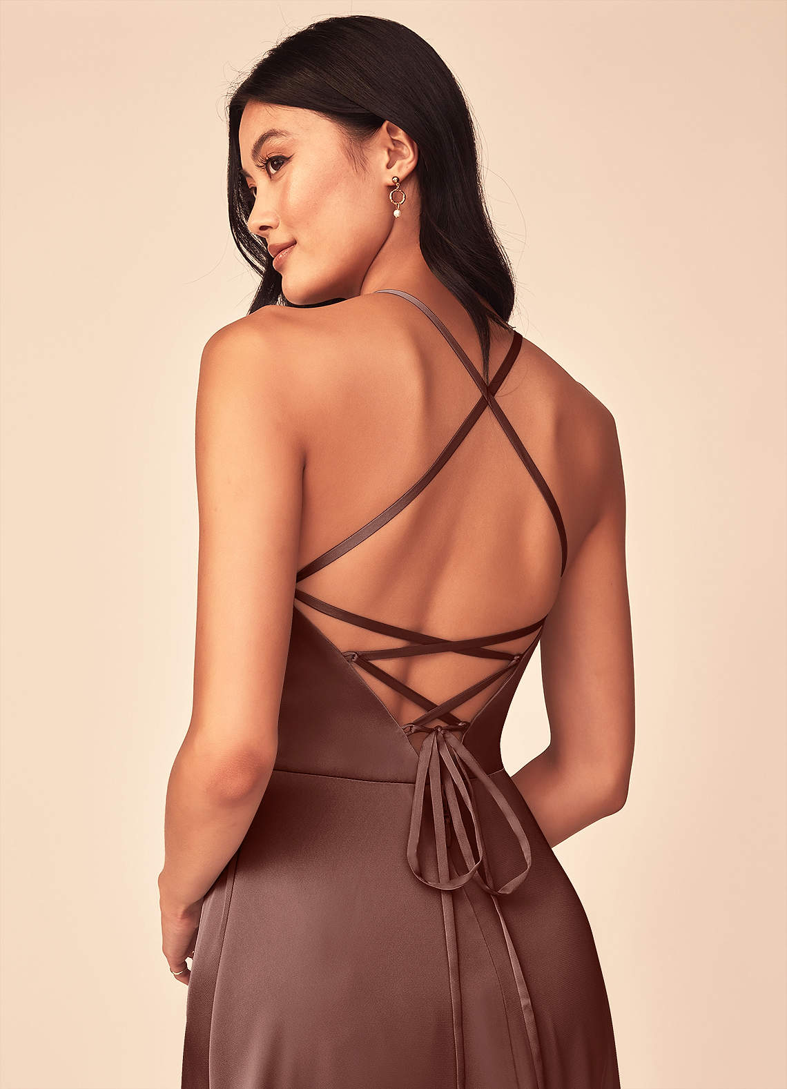 Mei A-Line V-Neck Stretch Satin Bridesmaid Dress in Espresso