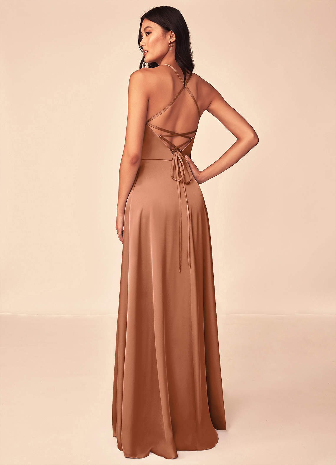 Mei A-Line V-Neck Stretch Satin Bridesmaid Dress in Bronzer