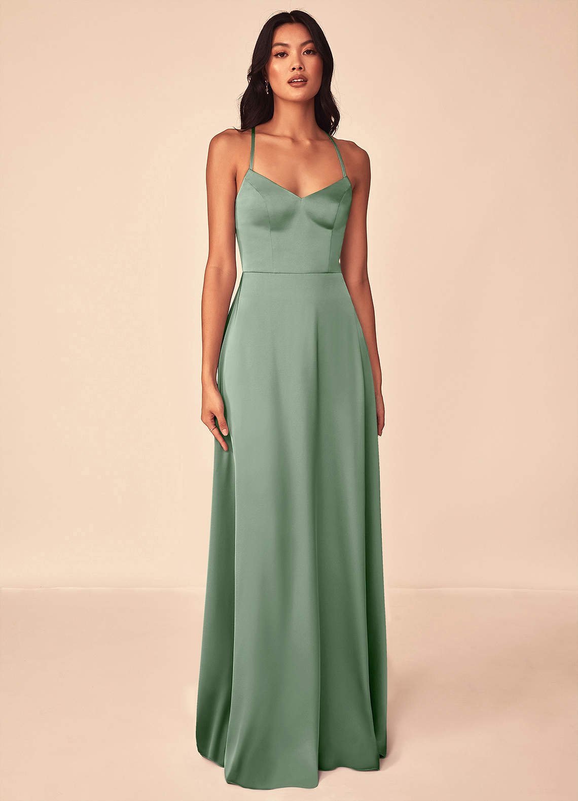 Mei A-Line V-Neck Stretch Satin Bridesmaid Dress in Matcha