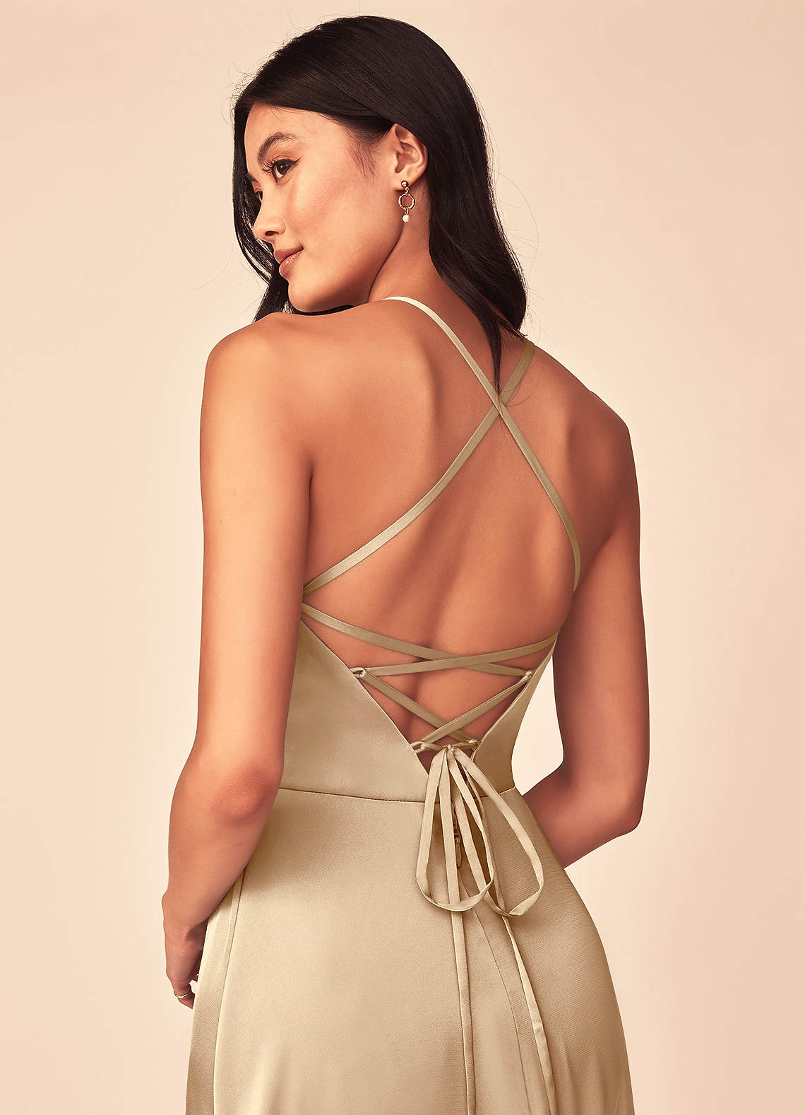 Mei A-Line V-Neck Stretch Satin Bridesmaid Dress in Champagne
