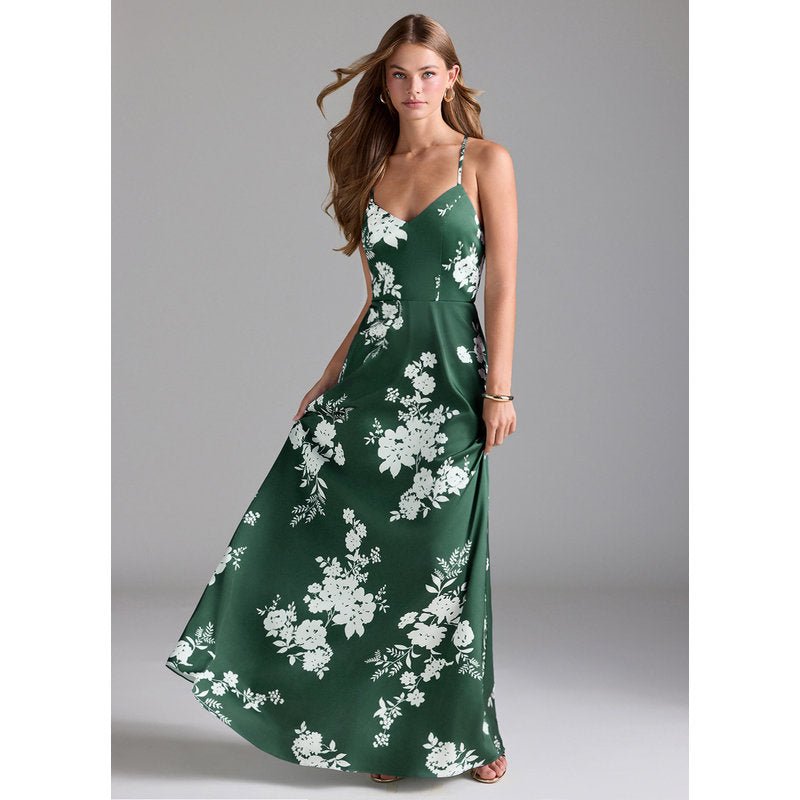 Mei A-Line V-Neck Stretch Satin Bridesmaid Dress in Green Botanicals - official gallery view 3