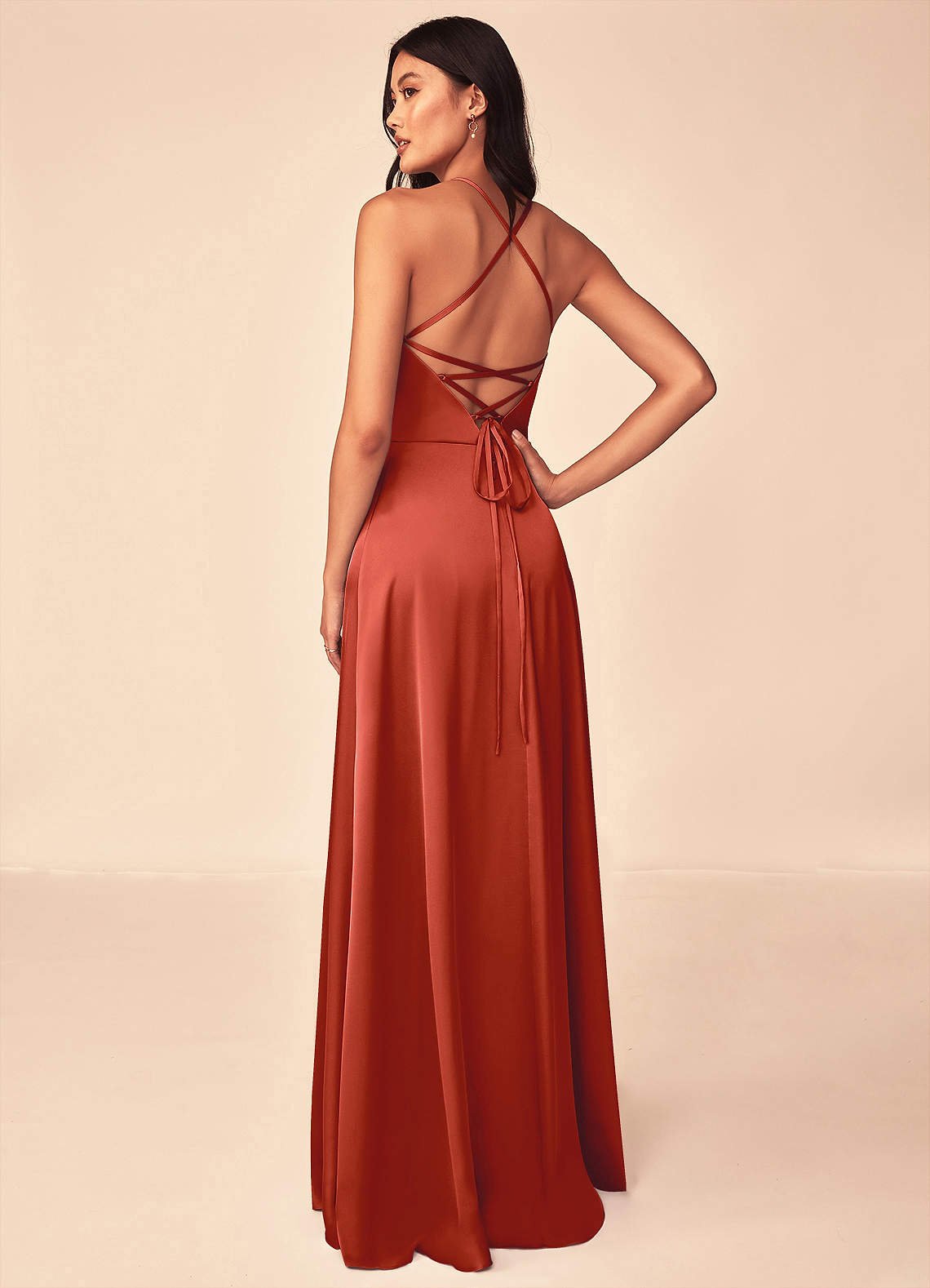 Mei A-Line V-Neck Stretch Satin Bridesmaid Dress in Rust
