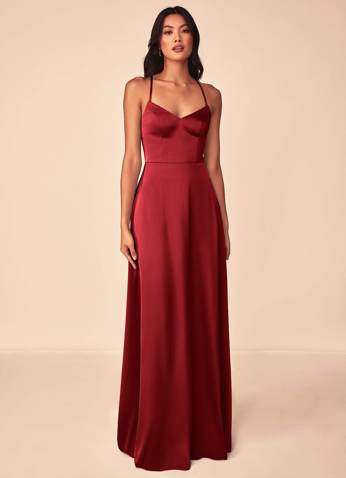 Mei A-Line V-Neck Stretch Satin Bridesmaid Dress in Scarlet