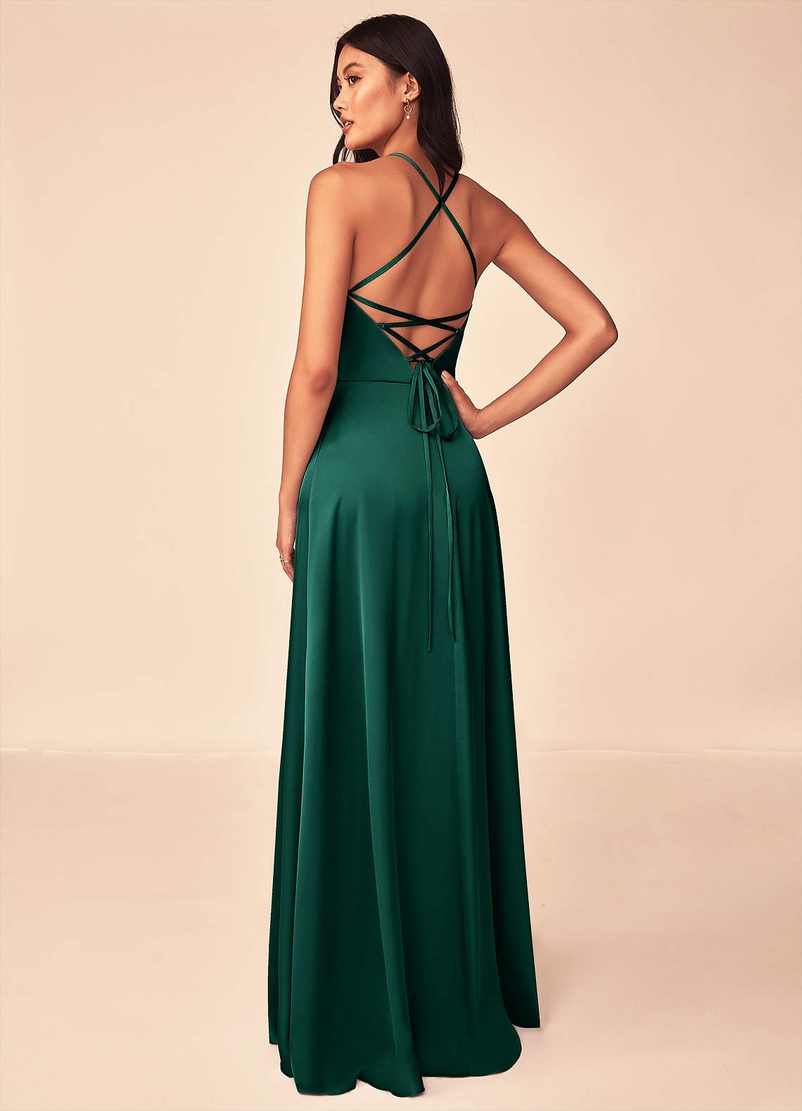 Mei A-Line V-Neck Stretch Satin Bridesmaid Dress in Emerald